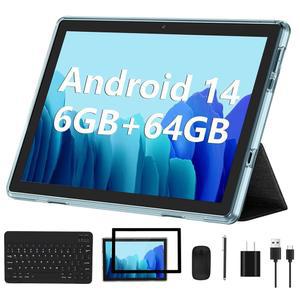 Android 14 태블릿 2025 6GB RAM + 64GB ROM 1TB 확장형 Ouad-Core, 키보드 마우스 WiFi 6 블루투스, GMS 인증 IPS 터치스크린 - 블루
