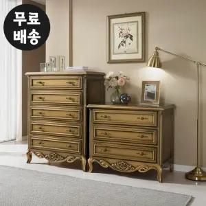 디온 엔틱 서랍장 세트 3단+5단 원목 안방 흑진주