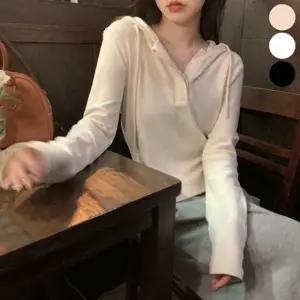 여성 단추 슬림핏 얇은 긴팔 후드티 골지 여리여리 핏