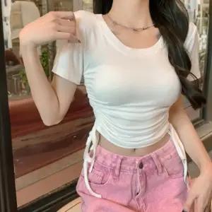 발레코어룩 여자 여름 세미크롭티 U넥 셔링 리본 반팔티 실켓티