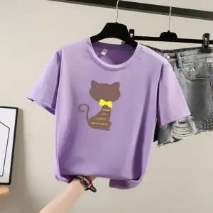여자 루즈핏 고양이 레터링 라운드 반팔티 오버핏티셔츠 스판 아이스 티셔츠