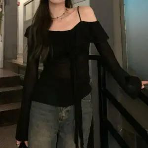 오프숄더 프릴 긴팔 티셔츠 리본 타이 여성 티셔츠