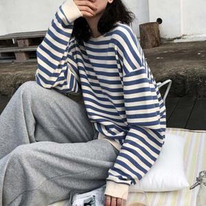 편안한 핏 여성 가을 긴팔 라운드넥 루즈 박스 티셔츠 루즈핏 오버핏 여자루즈핏 여성루즈핏 스트라이프티