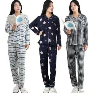 피치 카라 잠옷 세트 여성 체크 캐릭터 파자마 여자 상하의 한벌 홈웨어