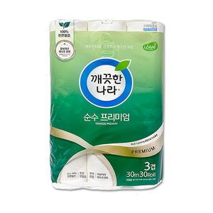 깨끗한나라 순수프리미엄 화장지 100% 천연펄프 3겹 30m 30롤 x 1팩