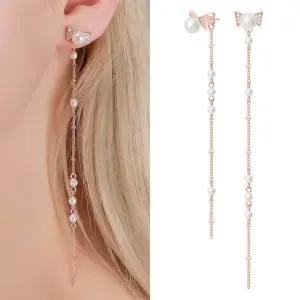 14K 금침 이어링 비슈뉴 로즈골드 일자핀 롱 귀걸이