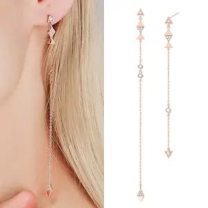14K 금침 이어링 트라이던트 로즈골드 일자핀 롱 귀걸이