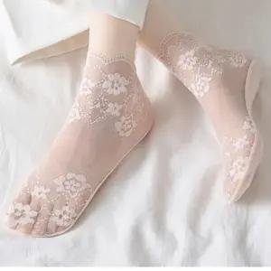 여름덧신 여성 시스루 꽃무늬 레이스 프릴 스타킹 발목 양말