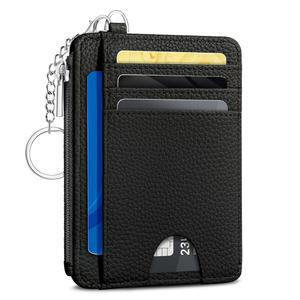 블랙 미니멀리스트 신용카드 소지자 작은 지갑 여성, 지퍼 코인 포켓이 있는 비즈니스 슬림 RFID 차단 여성 열쇠고리, 선물용 ID 창이 프론트 포켓 얇은 여행용 카드 케이스