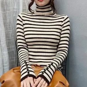 여성 슬림핏 골지 니트 몰폴라 티셔츠 날씬 볼륨 스트라이프 긴팔티 포인트 소매 캐쥬얼 티