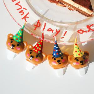 웰베이킹 꼬깔모자 곰돌이초 4개입 / 생일초 케이크초 이벤트 파티용품