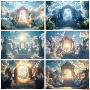 천사날개 배경 포토존 엔젤 천국 흰 구름 천사 조각상 계단 문짝 부활절 파티 종교 활동 스튜디오 소품