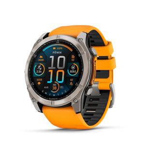 Garmin f nix 8 51mm, AMOLED, 사파이어, 프리미엄 멀티스포츠 GPS 스마트워치, 오래 지속되는 배터리 수명, 급강하 등급, 내장 LED 손전등, 티타늄 및 스파크 오렌지/흑연 밴드