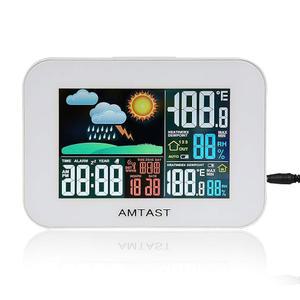 AMTAST 무선 기상 관측소 컬러 디스플레이 디지털 원자 시계 온도 습도 날씨 예보 기능을 갖춘 실내 실외 온도계 모델 AW 005