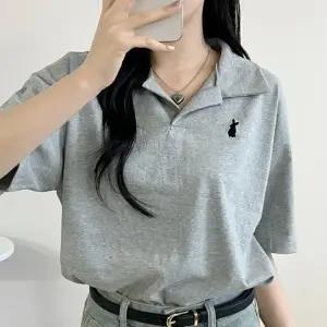 [위드기프트] [제작 원단보장] 래빗자수 오픈카라 반팔티셔츠