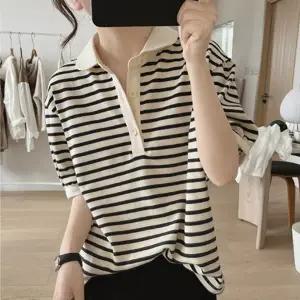 [위드기프트] 도톰 둥근카라 단가라 반팔티