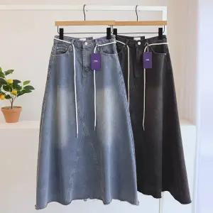 [잇수다] 브제인 컷팅 플레어 데님 롱 스커트