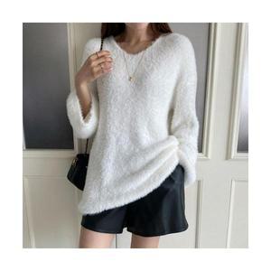 브이넥 앙고라 여성 롱 니트티 털 퍼 루즈핏 블랙 아이보리 핑크