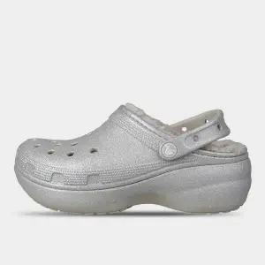 [크록스]클래식 플랫폼 글리터 라인드 실버 여성 겨울 방한 털슬리퍼 210413-040