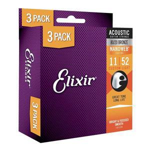 Elixir 스트링, 어쿠스틱 기타 스트링, NANOWEB 코팅이 된 80/20 브론즈, 편안한 느낌의 오래 지속되는 밝고 집중된 톤, 6줄 세트, 3팩, 맞춤형 조명 11-52