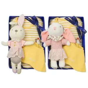 [갤러리아] (쌍둥이출산,백일,내의세트)미미바디슈트노랑두벌+토끼딸랑이두개세트(A27-10618SET)