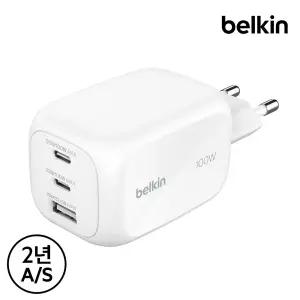 [벨킨] 100W 3포트 GaN 초고속 충전기 듀얼 C타입 USB-A WCH016 노트북 아이폰 충전
