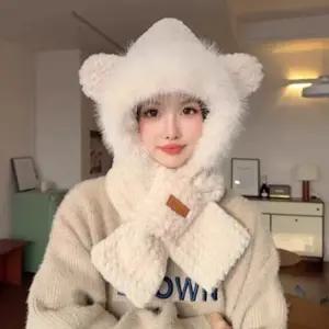여성 털 머플러 겨울 모자 목도리 세트 곰돌이 귀