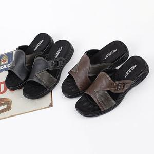 [디아]행텐 국산 남성 가죽 벨트장식 사무실 쿠션 통굽 슬리퍼 4cm