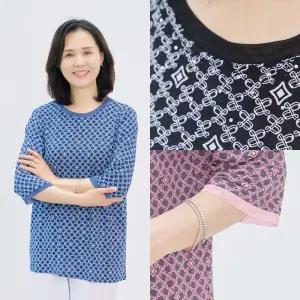 마미소 리본마름모 라운드 셔츠 7부 배색 큐빅 체인 패턴 엄마 할머니 빅사이즈 40 60 마담 중년 여성 옷