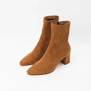 [신난다슈]여성 앵클 부츠 힐 7cm 여자 스판 숏 앵글 부츠 스웨이드 발편한 통굽 옆지퍼 ST252620 카멜