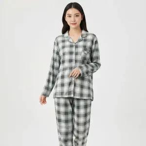 [바풀] HY FX 188678 여성 피치기모 카라잠옷 상하세트 - 블랙 앤 브라운체크