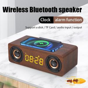 나무 무선 블루투스 스피커 알람 시계 서브우퍼 포함 고속 충전기 3D 스테레오 붐박스 사운드바 컴퓨터 tv