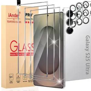 IAnder 갤럭시 S25 울트라 액정보호필름 3팩 쉬운 설치 트레이가 있는 카메라 렌즈 프로텍터 2팩 지문 센서
