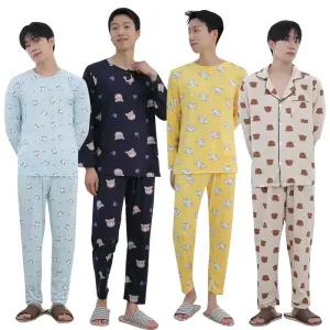 빅사이즈 남자 홈웨어 피치 가을 긴바지 신축성 잠옷 상하 세트 남녀공용 남성 실내복 파자마 홈웨어 스판 커플 가족 내복 봄 가을 환절기사계절
