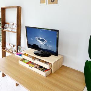 듀얼 컴퓨터 모니터 받침대 서랍 수납 원목 와이드 선반