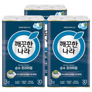 깨끗한나라 순수 프리미엄 와이드 3겹데코 25m 30롤 3팩 (90롤)