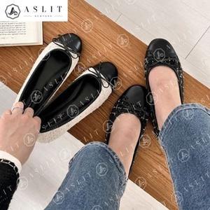 [신세계몰][애슬릿] 둥근 배색 패브릭 트위드 리본 플랫 슈즈