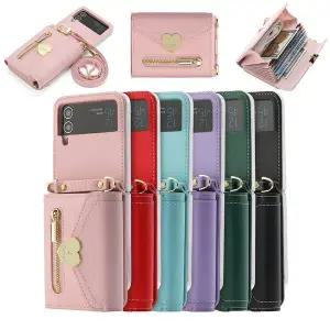 사찌몰 갤럭시z플립 5 4 3 골드 하트 카드지갑 스트랩 케이스