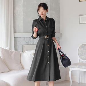 [시크라인] (~XXL까지) 더로엘 윙플랩 카라 벨트 플레어 원피스 봄,가을 셔츠원피스 하객룩 오피스룩 격식룩 데이트룩