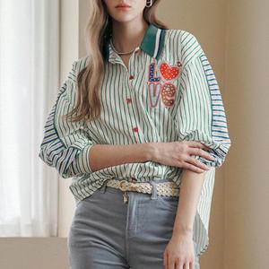 [MAXZA] 스트라이프 니트 카라 긴팔 셔츠 블라우스