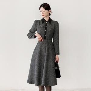 [시크라인] (~XXL까지) 언자누 카라 핀턱 숄더 벨티드 트위드 원피스 겨울 하객룩 오피스룩 격식룩 모임룩 데이트룩