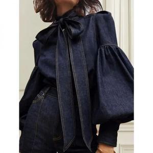 Gymystars 여성용 모조 데님 퍼프 소매 블라우스 도시 레이디 하이넥 셔츠 활 장식 탑 패션