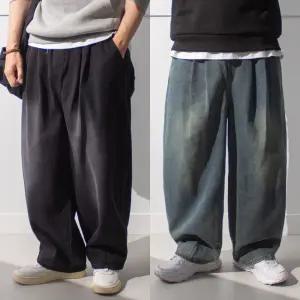 벌룬 와이드 밴딩 데님 팬츠 / 허벅돼 핀턱 편한 와이드 청바지 흑청 진청