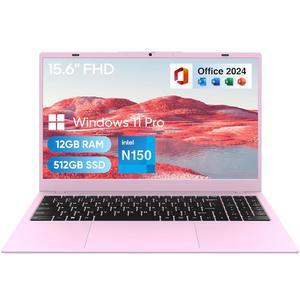 마골라이 15.6인치 FHD 학생용 노트북 컴퓨터, 12GB DDR5, 512GB SSD, 쿼드코어 N150(비트 투 i3-1115G4, 최대 3.6GHz), WiFi 6, 블루투스 5.2, Win 11, MS Office 2024, 핑크