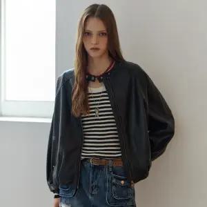 [MAXZA] 스탠드 카라 페이크 레더 블루종 자켓