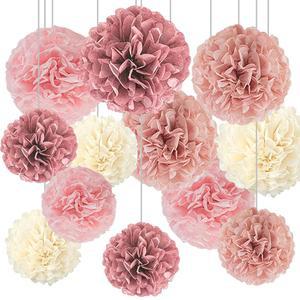 보호 파티 장식, 12개 블러쉬 핑크, 더스티 로즈, 모브, 크림 티슈 페이퍼 폼 폼 폼폼, 웨딩 브라이덜 샤워 바첼로렛 파티 장식용 종이 꽃 걸이