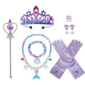공주 인어공주 의상 여아용 액세서리 장식 인어 장갑 티아라 왕관 목걸이와 귀걸이 팔찌 반지 할로윈 코스프레 크리스마스 선물 세트 (보라색 인어)