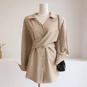 [잇수다] 캐멜리 꼬임 랩 끈 루즈핏 스판 브이넥 카라 셔츠