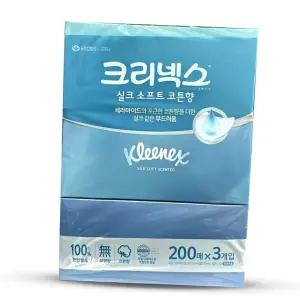 크리넥스 실크 소프트 각티슈 미용티슈 휴지 코튼향 200매 3개입