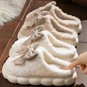 클린바이 사무실거실 여성용 가을겨울 면슬리퍼 푹신한 미끄럼방지 두꺼운밑창 리본 따뜻한 겨울실내화